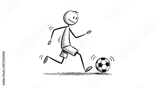 Simple stick figure illustration of a man kicking a soccer ball.