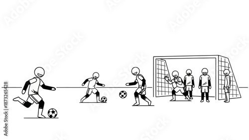 Simple black and white illustration of a soccer game in progress.