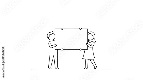 Two people holding a blank sign together in a simple line drawing.