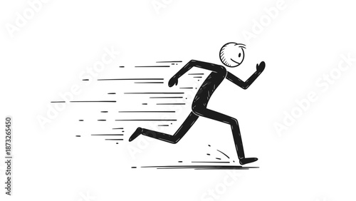 Simple black and white illustration of a stick figure running.