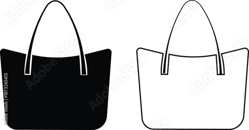 Women handbag icons set collection with purse bag tote clutch shoulder styles in flat and line design, fashion accessory outline illustration group for shopping retail UI branding