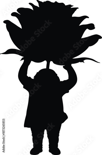 Black silhouette child holding large flower isolated on white background, innocence nature vector illustration