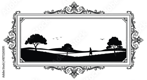 An ornate frame encloses a peaceful landscape with trees hills and a walking figure silhouette