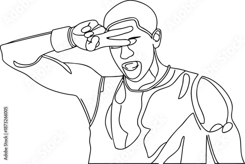 Sketch Portrait Of Man With Hand Over Eyes, Frustration Concept, Linear Drawing Vector Illustration
