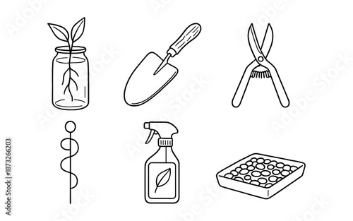 Collection of simple line art icons representing gardening tools and plant propagation