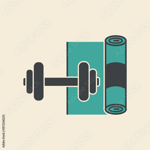 A simple illustration of fitness equipment, featuring a dumbbell and a rolled exercise mat on a light background.