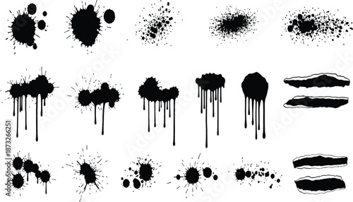Collection of black ink splatters, drips, and paint strokes on a transparent background