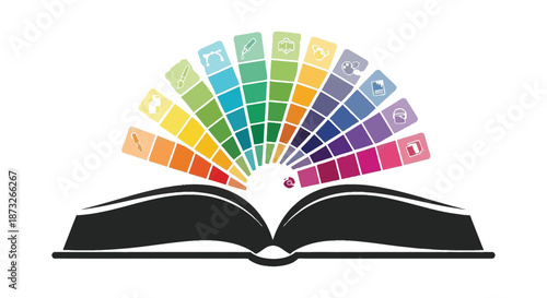 an open book with a vibrant color palette fanning out above it silhouette