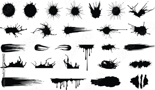 Creative ink splatters and liquid drip silhouettes for artistic design elements