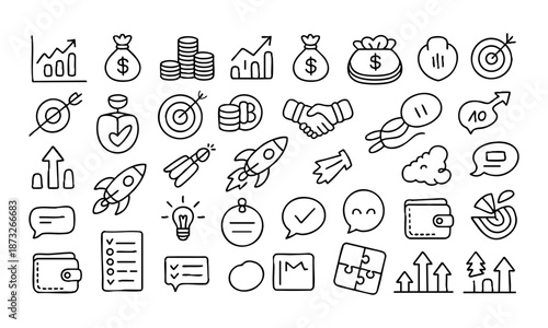 Hand drawn business doodle icons set in black outline style vector illustration, easily editable.