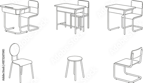 Minimalist classroom furniture, modern desk chair designs, ergonomic seating, school interior layout, educational workspace, blueprint style, line art illustration