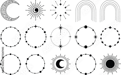 Hand drawn circular celestial frame icon set isolated on white background, astrology border vector illustration