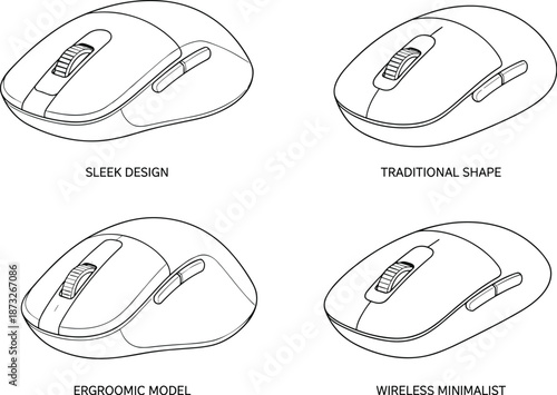 Modern computer mouse designs, ergonomic wireless models, traditional shapes, sleek minimalist styles, tech accessories for office, gaming, productivity, comfort