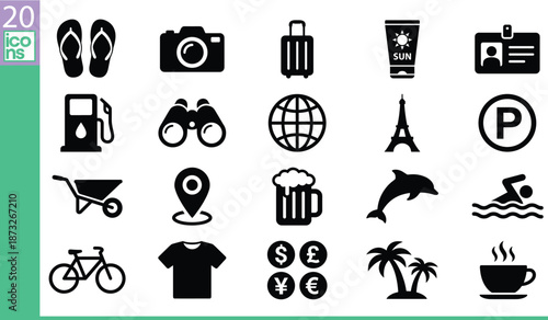 Travel and vacation icons, tourism, lifestyle, adventure, leisure, transportation, shopping, nature, summer holiday, food, finance, and global exploration vector symbols.