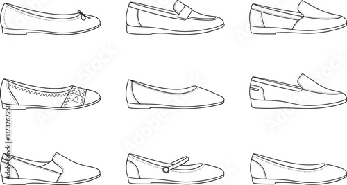 Women's flat shoes illustration, fashion footwear sketch, stylish ballerina flats, trendy loafers drawing, elegant Mary Jane designs, shoe catalog art