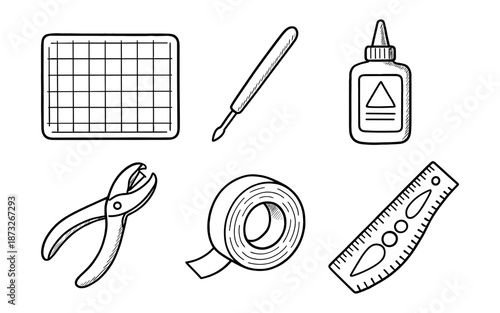 Hand-drawn crafting tools including a ruler, glue, tape, and cutting implements