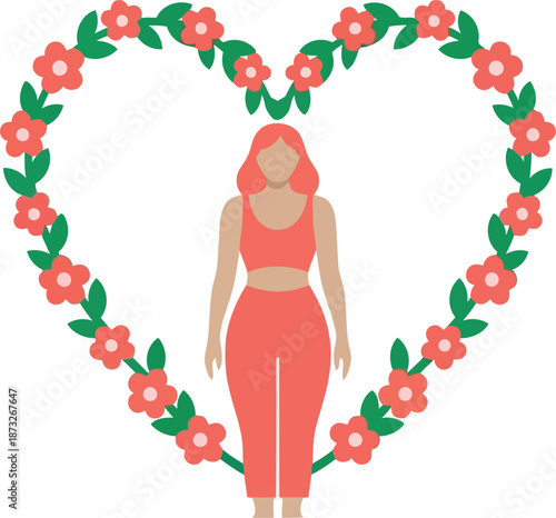 International Womens Day Illustration with Woman and Floral Heart Frame for Empowerment and Celebration