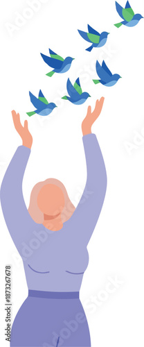 International Womens Day Illustration of Woman Releasing Birds Symbolizing Freedom and Empowerment