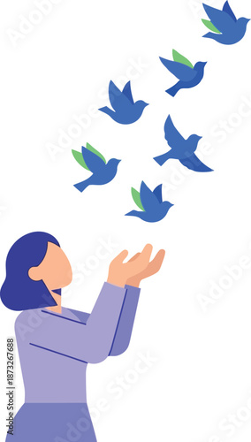 International Womens Day Illustration – Woman Releasing Birds Symbolizing Freedom and Empowerment