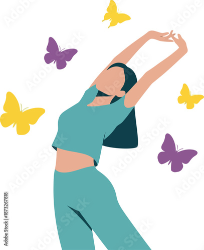 International Womens Day Illustration of Happy Woman Stretching with Colorful Butterflies