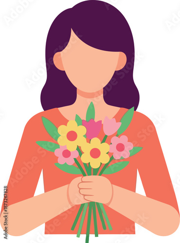 International Womens Day illustration of woman holding colorful flower bouquet for celebration and empowerment