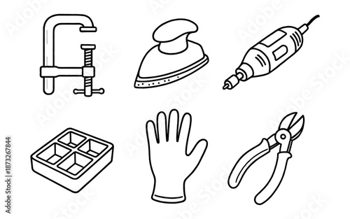 Collection of hand-drawn tools and safety equipment for crafting and DIY projects