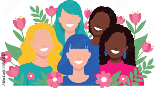 Diverse Women Smiling with Flowers Illustration for International Women's Day Celebration