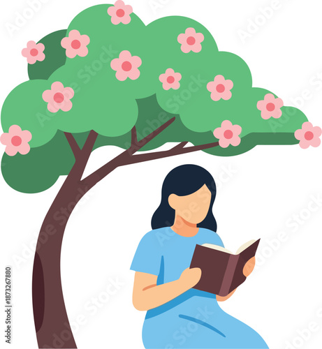 Women's Day Illustration of Woman Reading Book Under Flowering Tree, Empowerment and Relaxation Concept