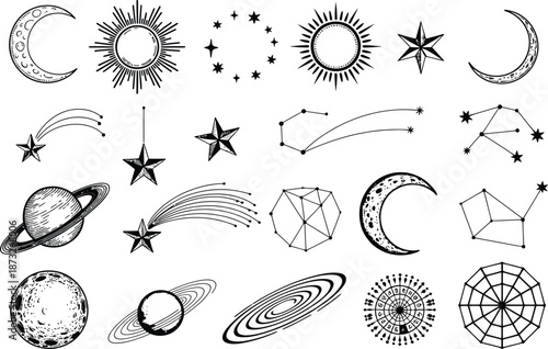 Hand drawn celestial and zodiac symbol icon set isolated on white background, astrology vector illustration