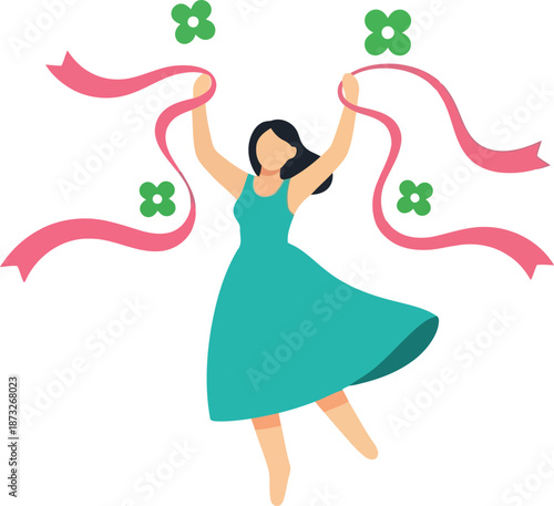 Joyful Woman Celebrating International Women's Day with Ribbons and Floral Elements Illustration