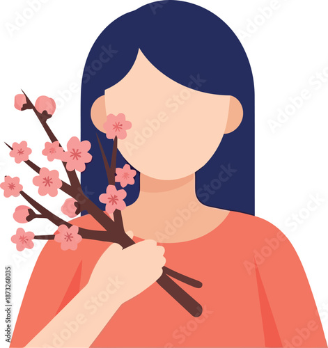 International Womens Day illustration with woman holding pink flowers, feminine empowerment concept