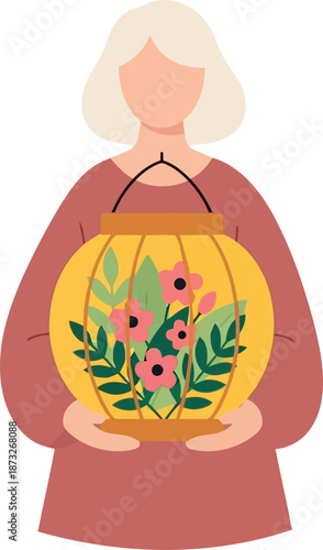 International Womens Day Illustration with Woman Holding Floral Lantern, Empowerment Concept