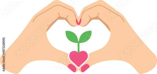 Women's Day Heart Hands with Plant Icon – Empowerment, Growth, Love, Feminine Care Vector