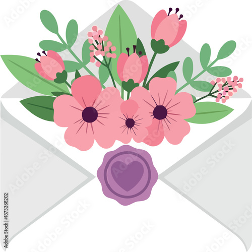 Women's Day Floral Envelope Greeting Card with Pink Flowers and Heart Seal Illustration