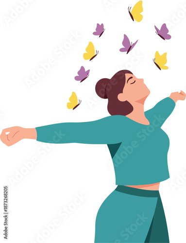 International Womens Day Illustration of Happy Woman with Butterflies Celebrating Freedom and Empowerment