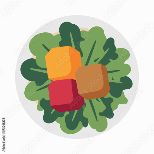 Top-down view of a fresh green salad with colorful cubed ingredients served in a white bowl.