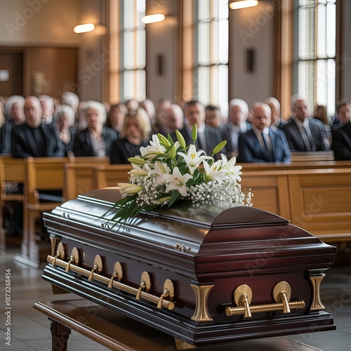 Solemn funeral scene with floral casket, church pews, and attendees dressed in black, surrounded by stained glass and warm light.