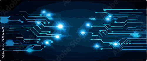 An abstract high-tech background of glowing blue circuit pathways and luminous nodes illustrates digital networks, data flow, and advanced communication technology.