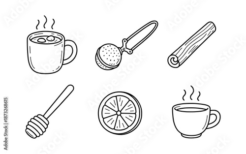 Cozy beverage ingredients and tools for making hot drinks like tea and coffee