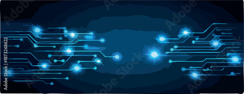 Photos An abstract futuristic background of glowing blue circuit paths and luminous nodes on a dark surface represents high-speed data flow and digital communication networks