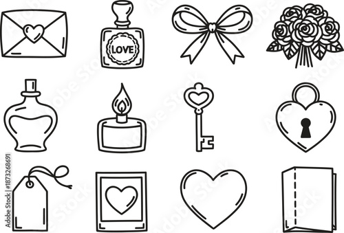 Hand drawn vintage love object icon set isolated on white background, romance symbols vector illustration