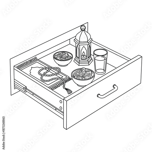 Ramadan Preparation: A detailed illustration captures the essence of Ramadan, with traditional items such as prayer rug, dates, lantern, and glass of water, thoughtfully arranged within a drawer.