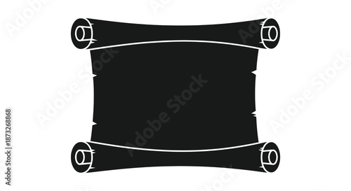 A stark black rectangular shape framed by decorative white scroll elements a bold silhouette