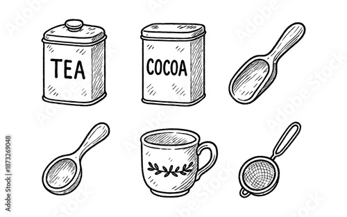 Hand-drawn collection of tea and cocoa related kitchenware and utensils