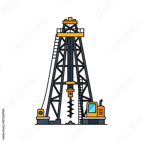 Drilling rig operating on an industrial site with machinery and equipment in a constructed environment from a frontal viewpoint