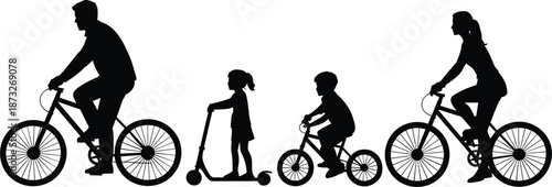 Black Silhouettes of a Family Cycling and Scootering on a White Background biking bicycle