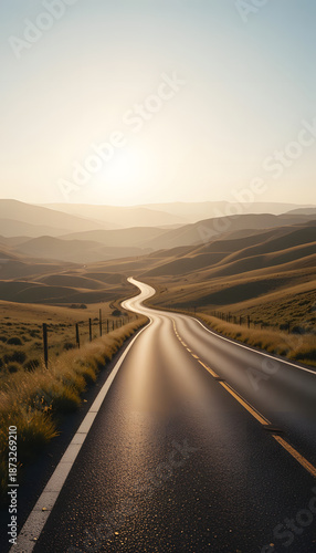 Country road rolling hills afternoon sun asphalt grass peaceful journey landscape