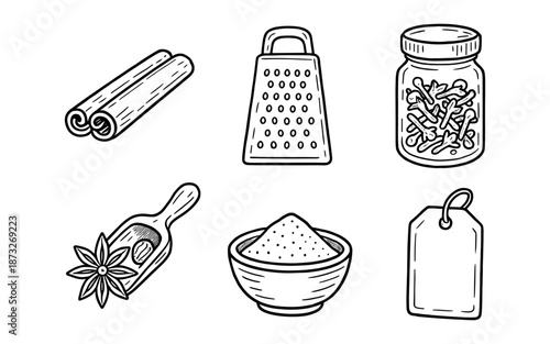 Hand-drawn collection of spices and kitchen tools for cooking and baking