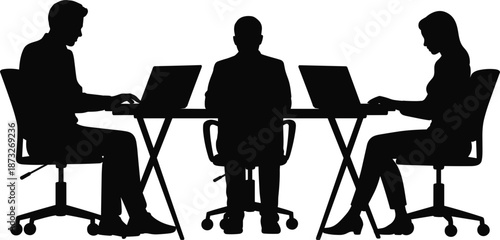 Business people working on laptops at desks in silhouette on white background Keywords: business, people, silhouette, working