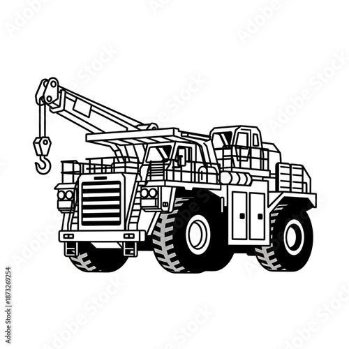 Vector illustration of a heavy industrial mining dump truck featuring a crane, essential for site operations